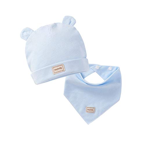 puran Baby-Mütze, 2 Stück/Set für Neugeborene, weiche Mütze, Mütze mit Ohren, Dreieckstuch, Schal, Lätzchen – Blauer kleiner Bär